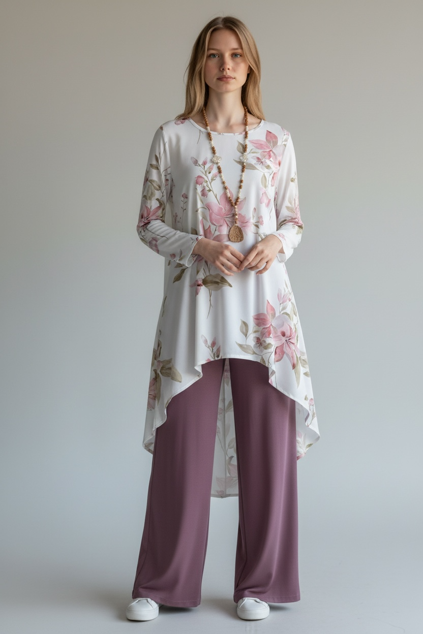 2pcs Women Floral Loose Fit Round Neck Long Sleeve Top And Pants Set