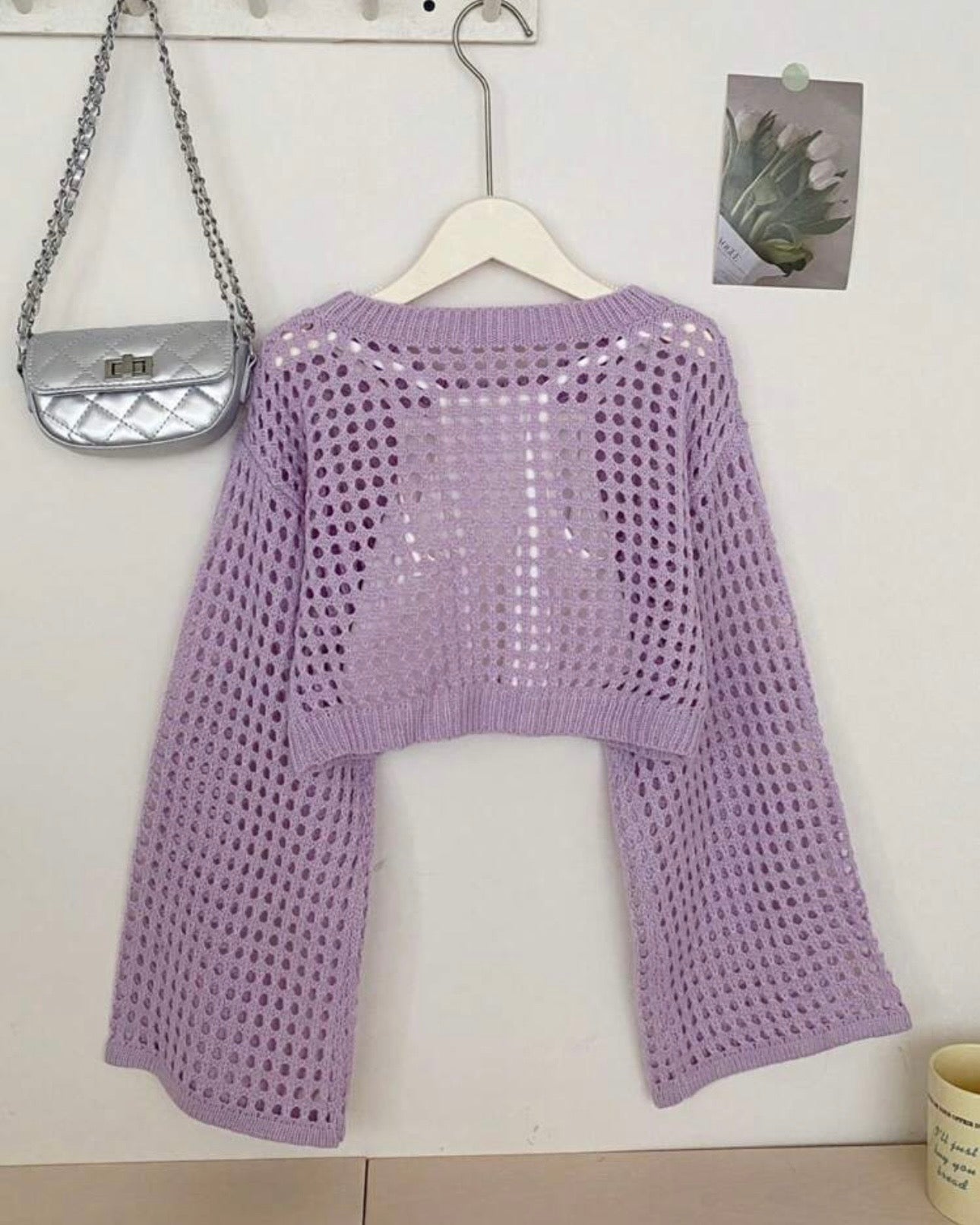 Tween Girls Lilac Color Crew Neck Long Sleeve Hollow Knitwear