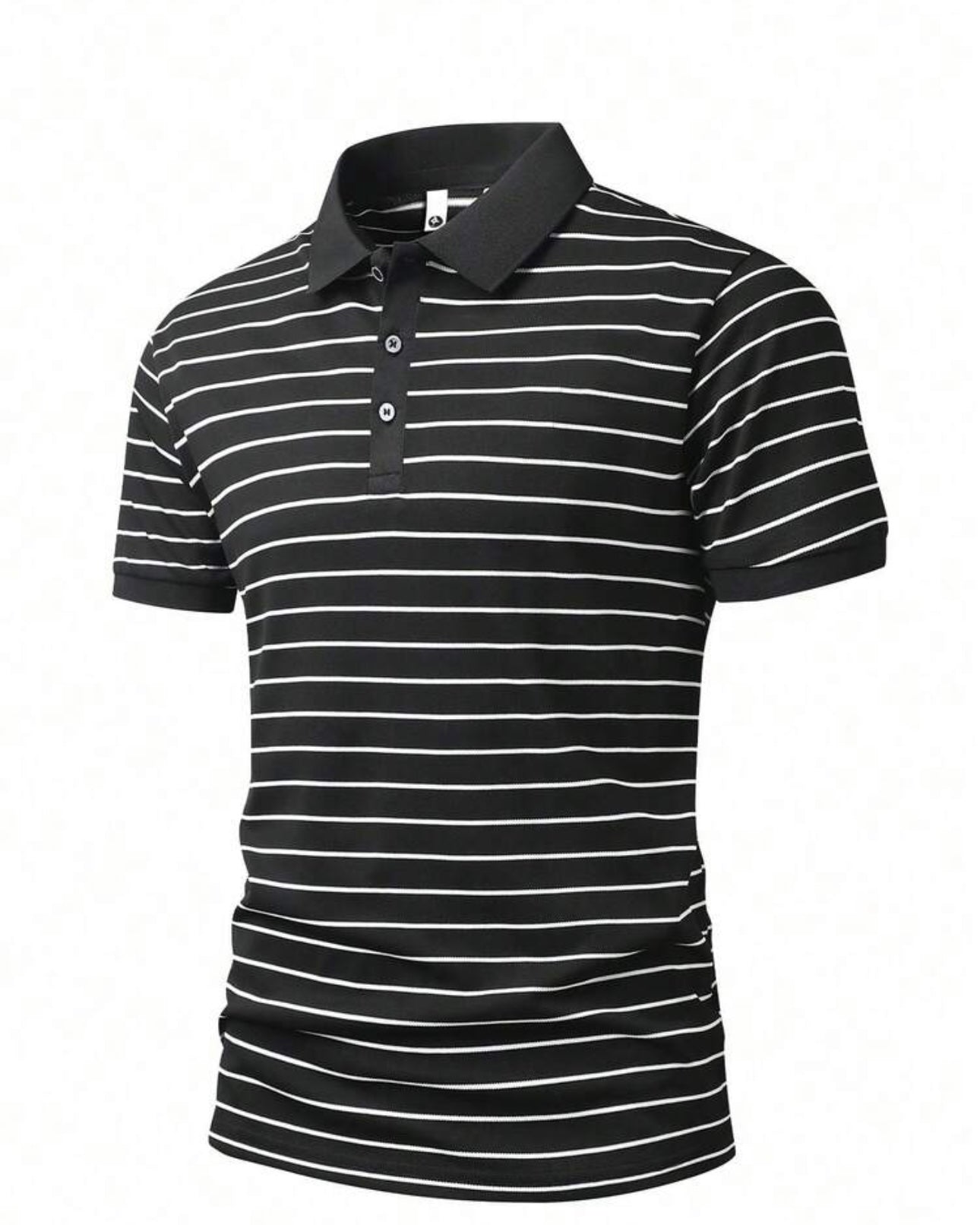 Men's Black & White Striped Short Sleeve Polo Shirt - Summer