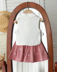 2pcs White Baby Girl Bowknot-Shape Embroidery Sleeveless Top and Pink Pleated Skirt
