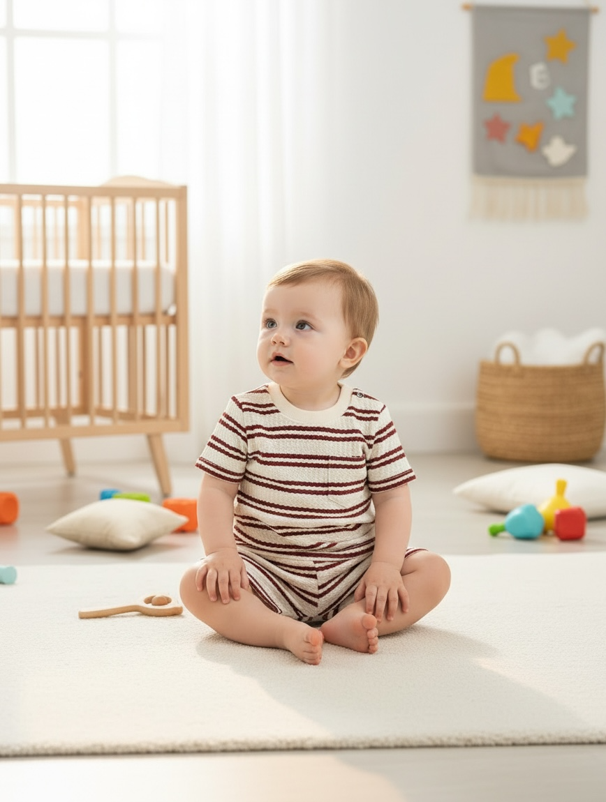Baby Boy Boack Striped Waffle Knit Fabric T-Shirt & Shorts Set