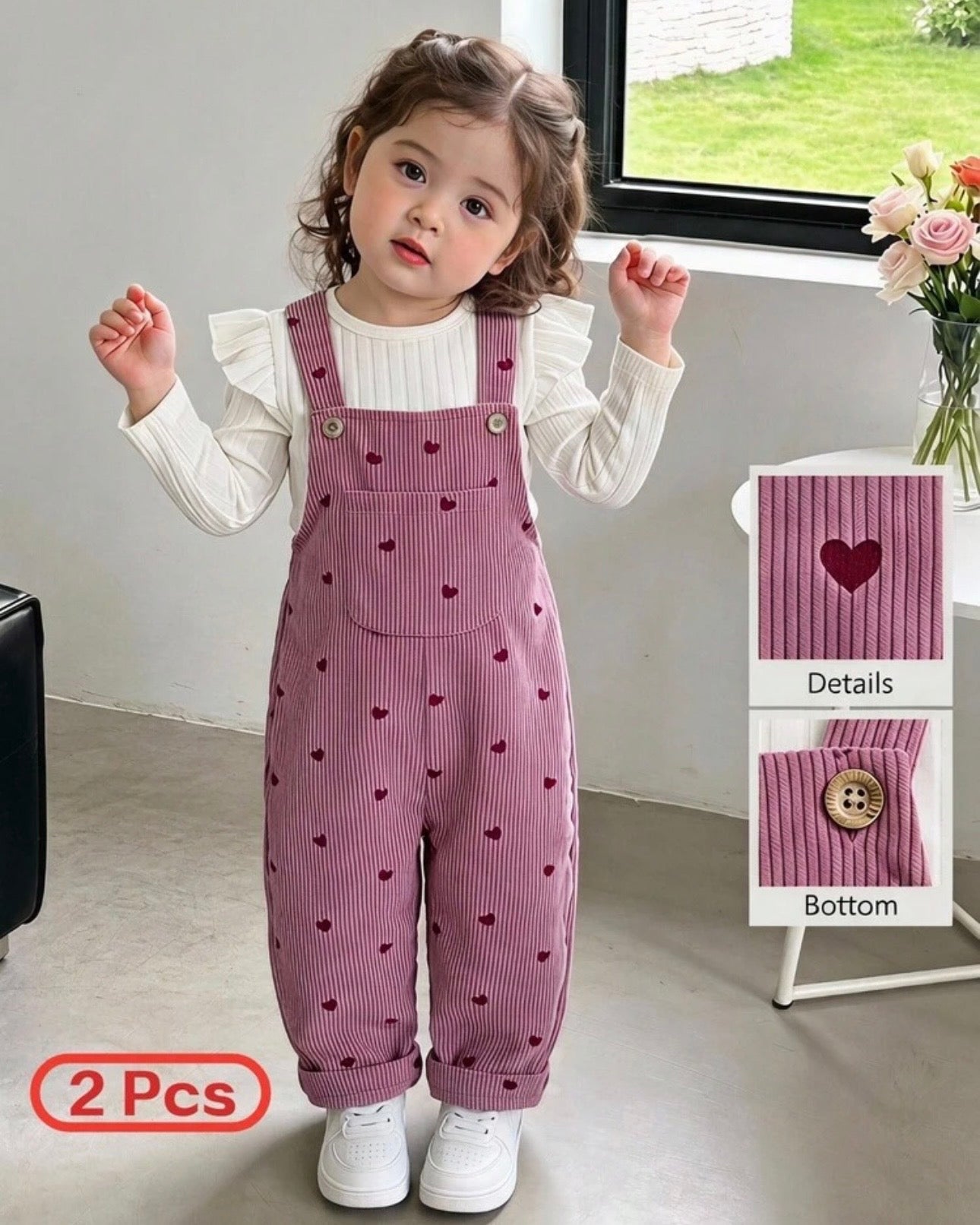 Baby Girl Heart Corduroy Overall Set, 2-Piece Winter Outfit