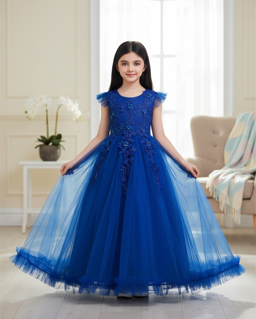 Girls’ Long Blue Embroidered Princess Wedding Dress