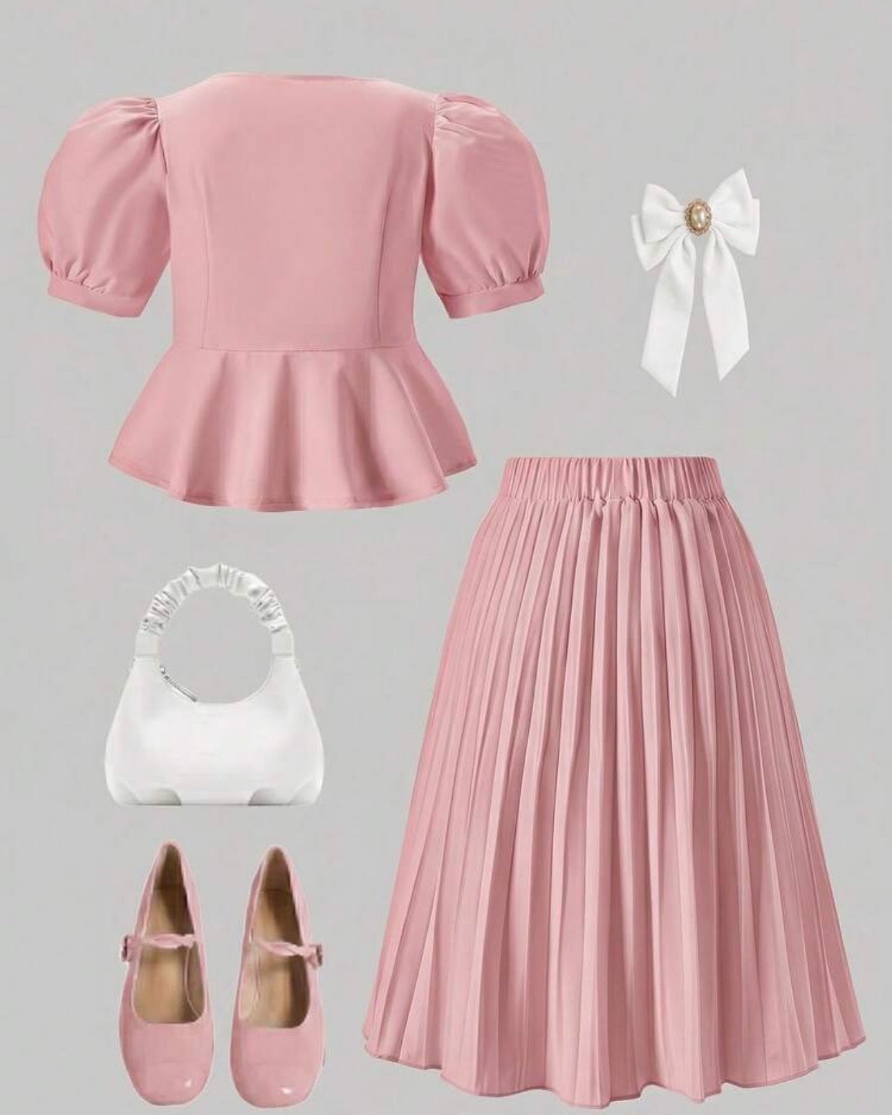 Girls’ 2pc Pink Square Collar Puff Sleeve Top & Pleated Skirt Set