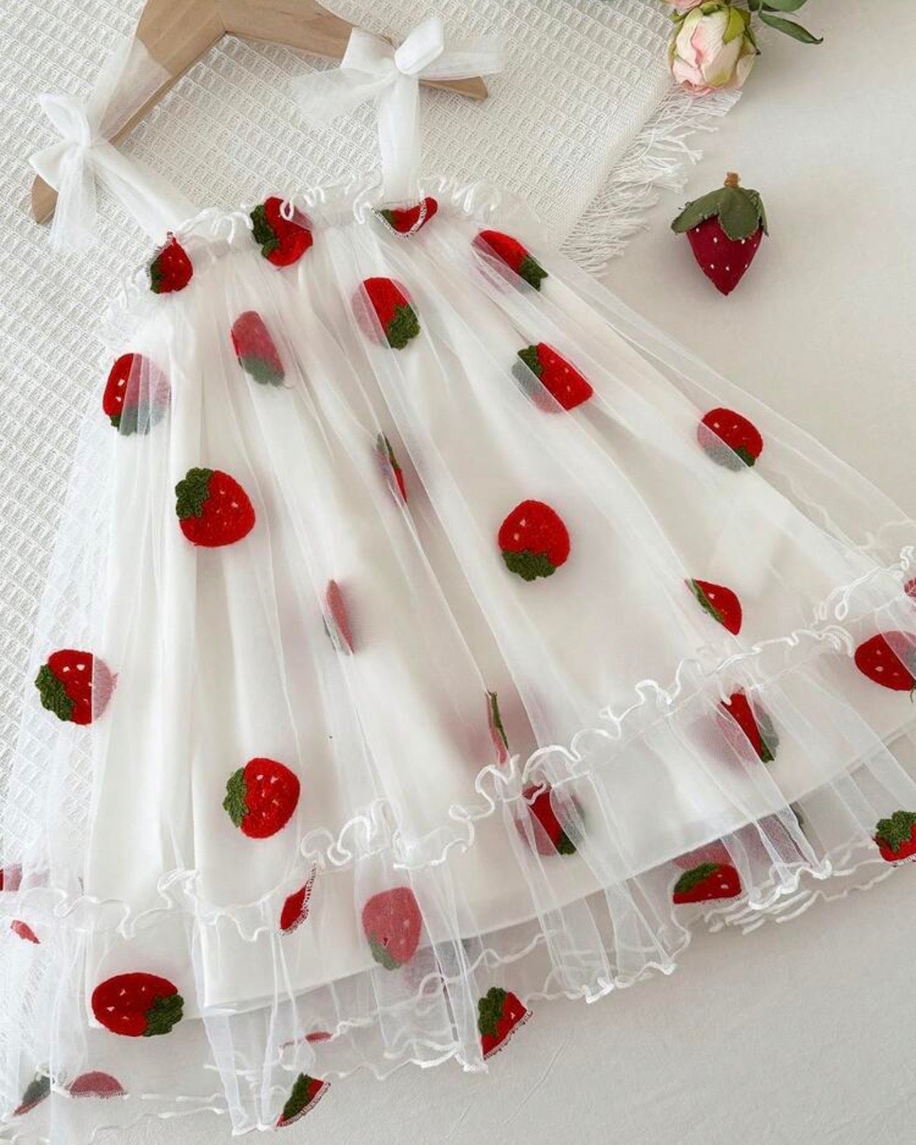 Baby Girl Strawberry Embroidered Mesh Strap Dress