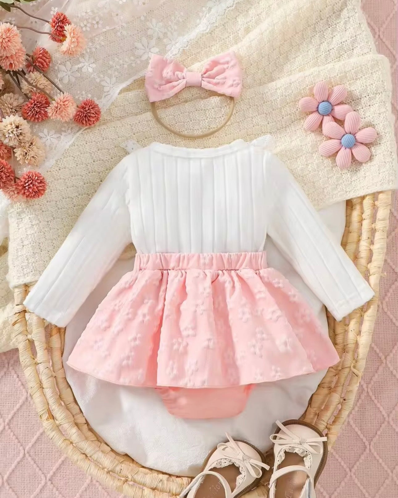 Ribbed Patchwork 3D Bowknot Pink Bodysuit Dress With Headband