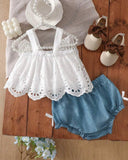 Baby Girl Hollow Lace Bow Top & Blue Shorts Set