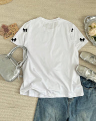 Women's Black Bow Print Half Sleeve T-Shirt