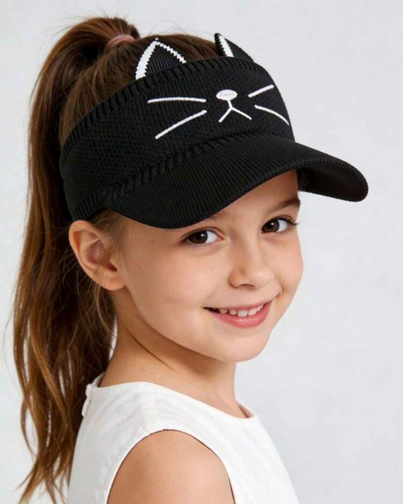 Girls Cute Cat Ear Embroidered Ponytail Sun Hat
