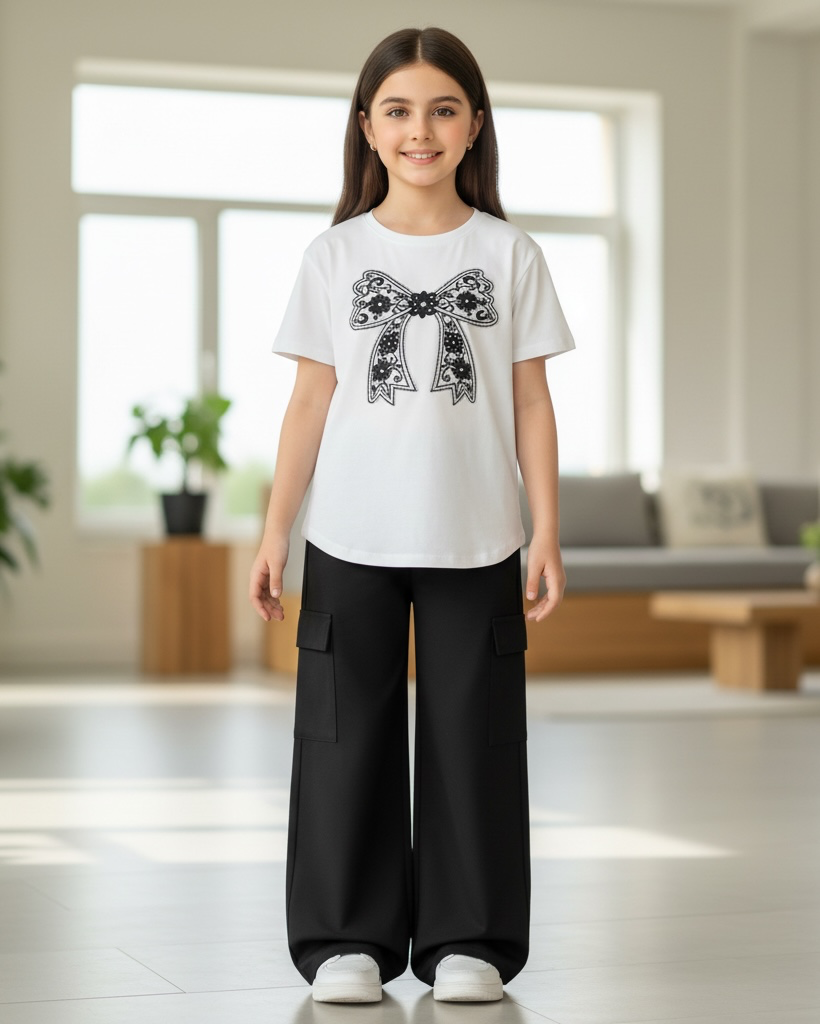 Tween Girls Black & White Bow Embroidery T-Shirt with Cargo Pants Set