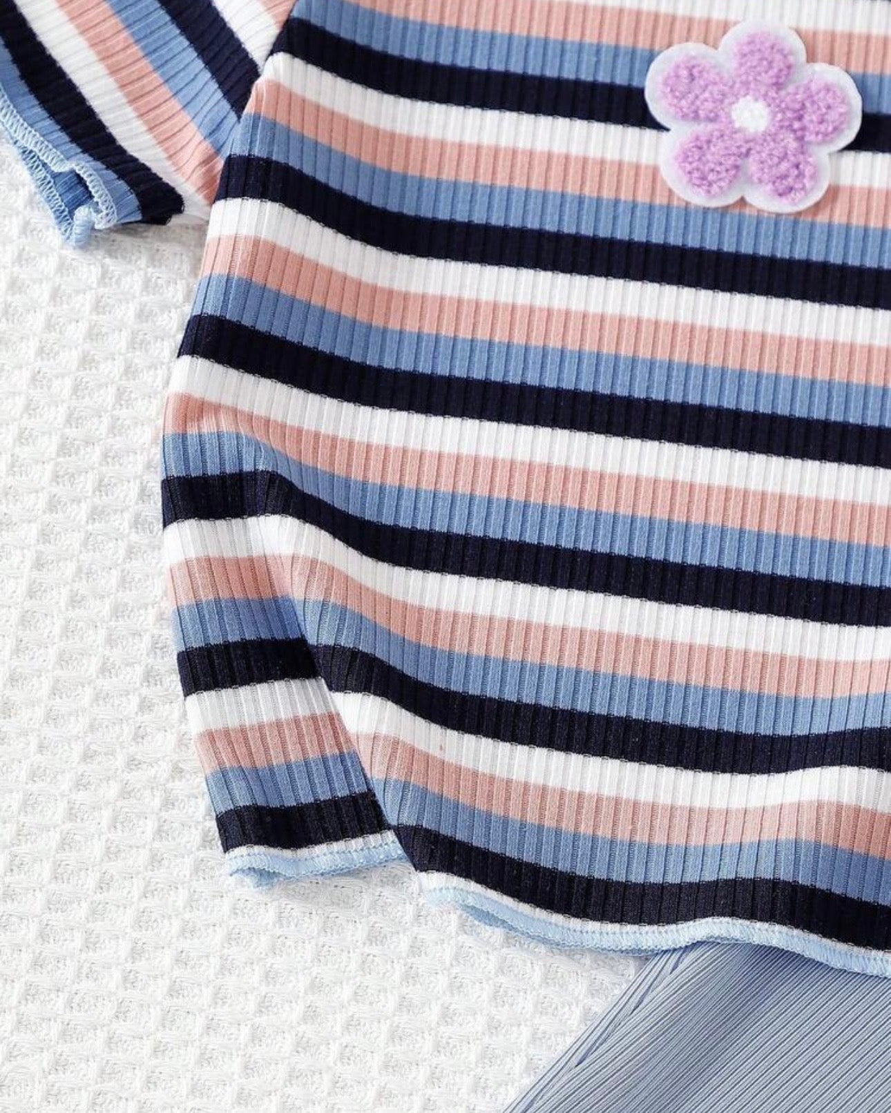 Kids Girl's Striped Blue Embroidered Flare Pants Set