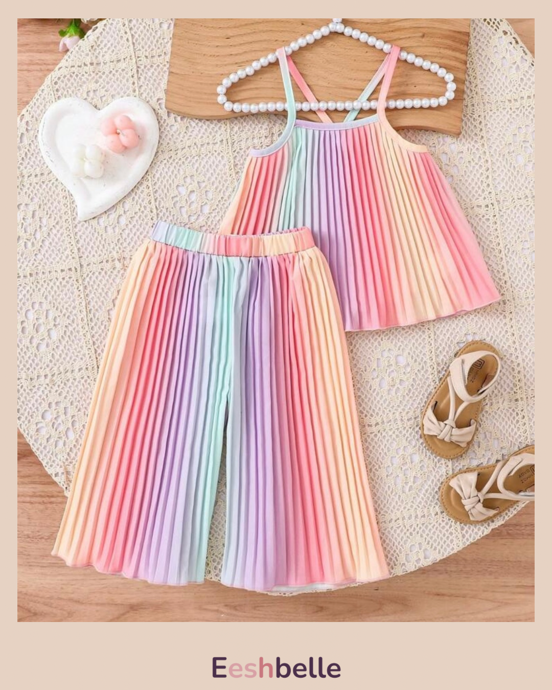 2 Pcs Set Rainbow Ombre Pleated Spaghetti Strap Crop Top With Wide Leg Pants Summer Outfits