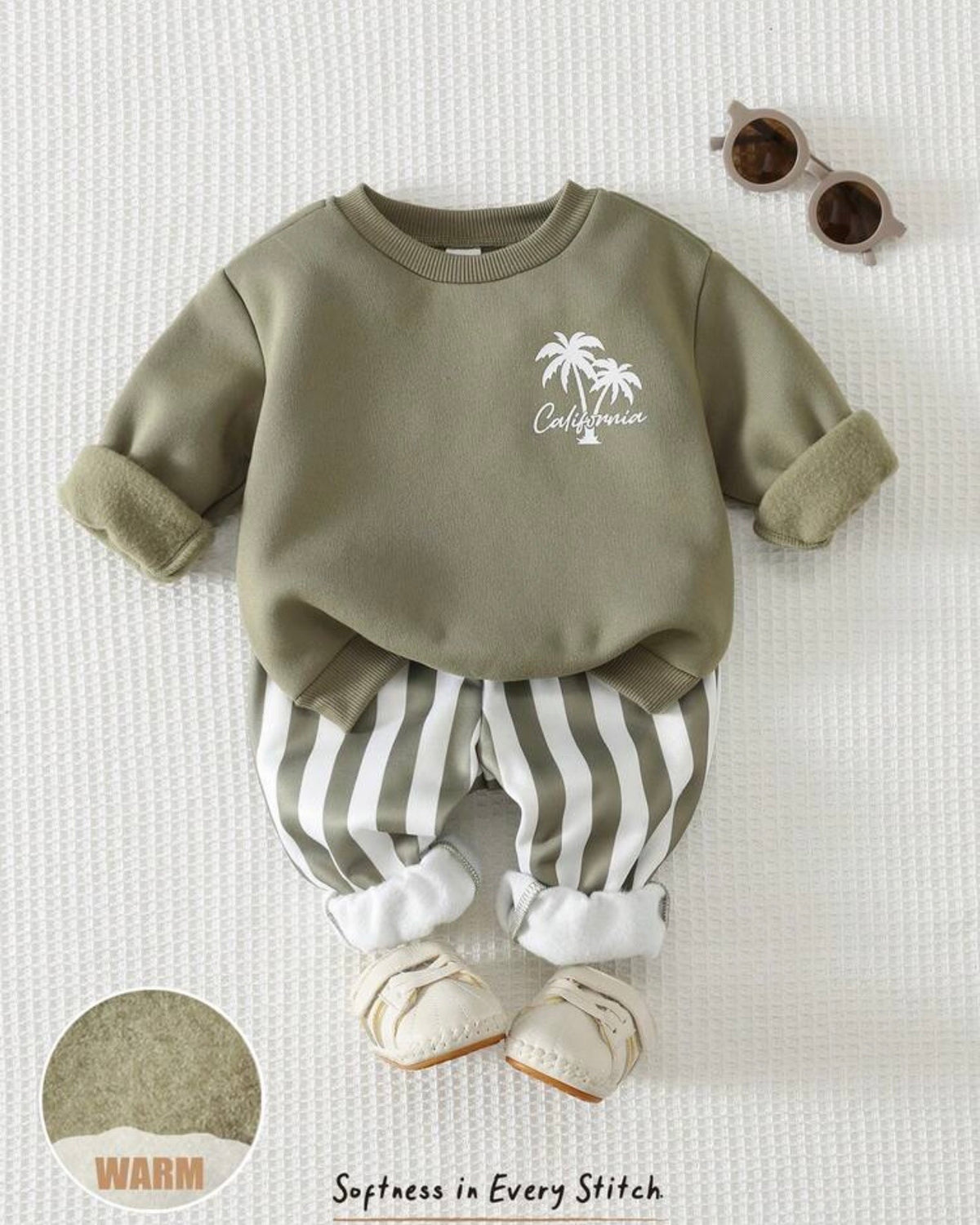 Boys Green Coconut Tree Pattern Sweatshirt and  Striped Pants