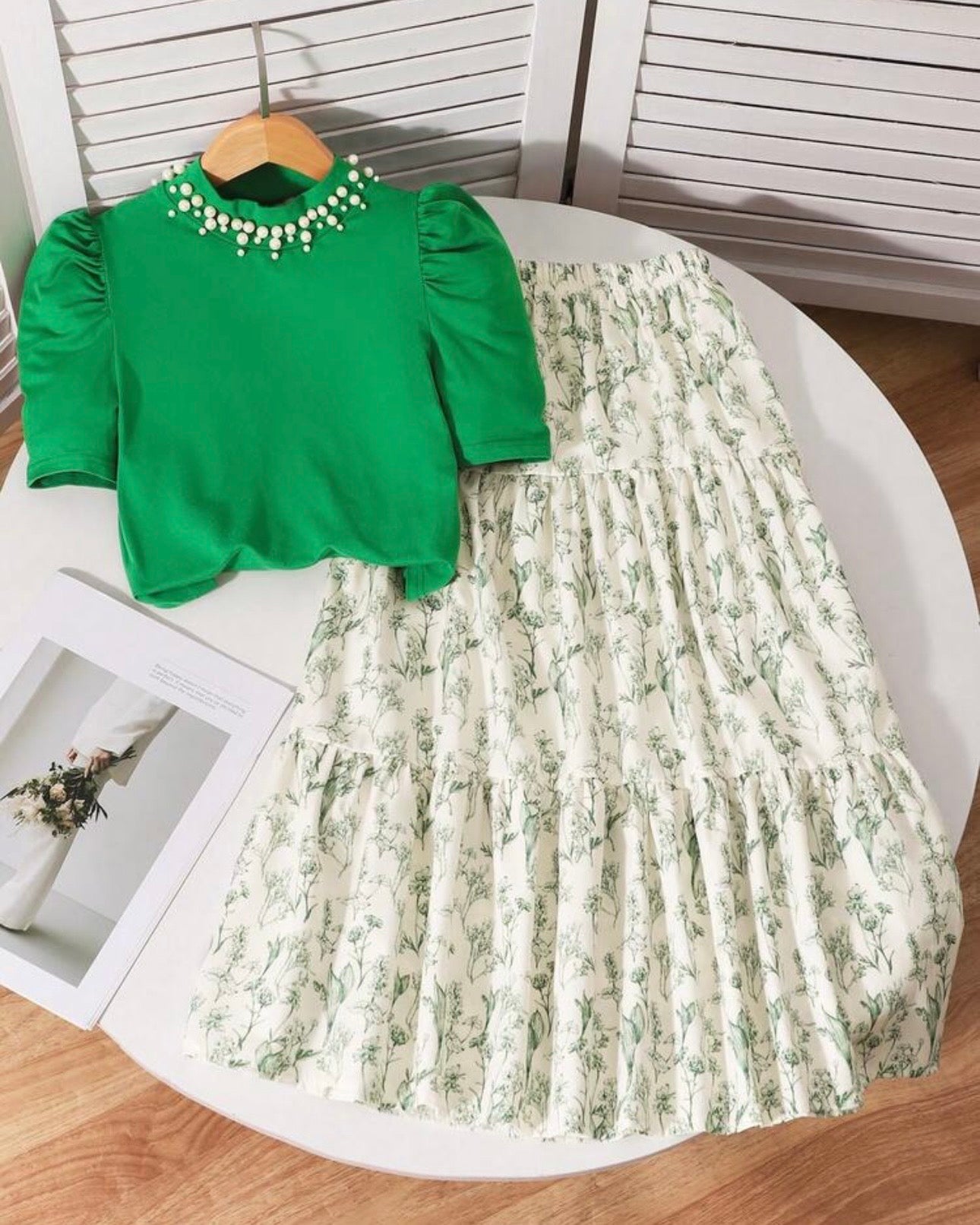 Tween Girl 2Pcs Outfit – Green Faux Pearl Top & Floral Ruffle Skirt Set