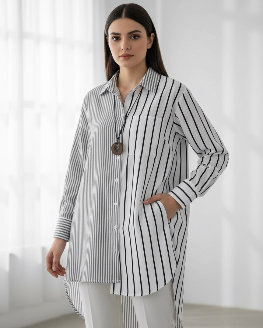 Plus Size Women Striped Full Sleeve Loose Shirt - Fall