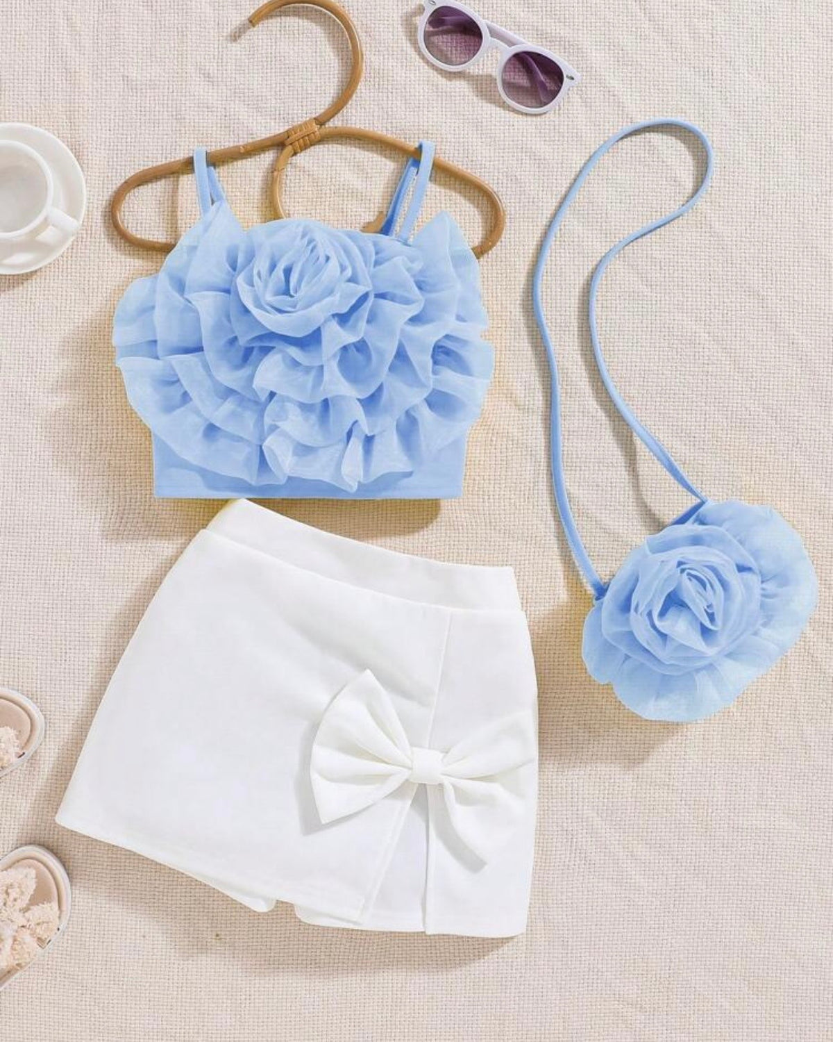 3pc set Baby Blue bow shirt, Shorts and Bag