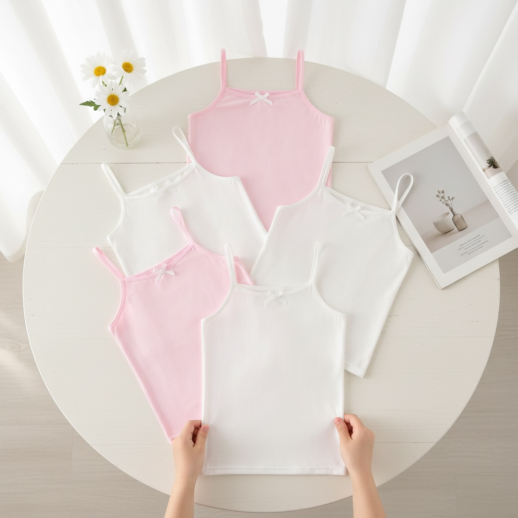 5pcs Girls Milk Silk Camisole Set – White and Pink Tank Tops