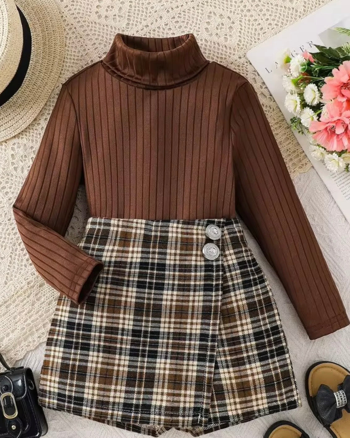 Girls Knit Brown Turtle Collar Top & Plaid Skirt Set