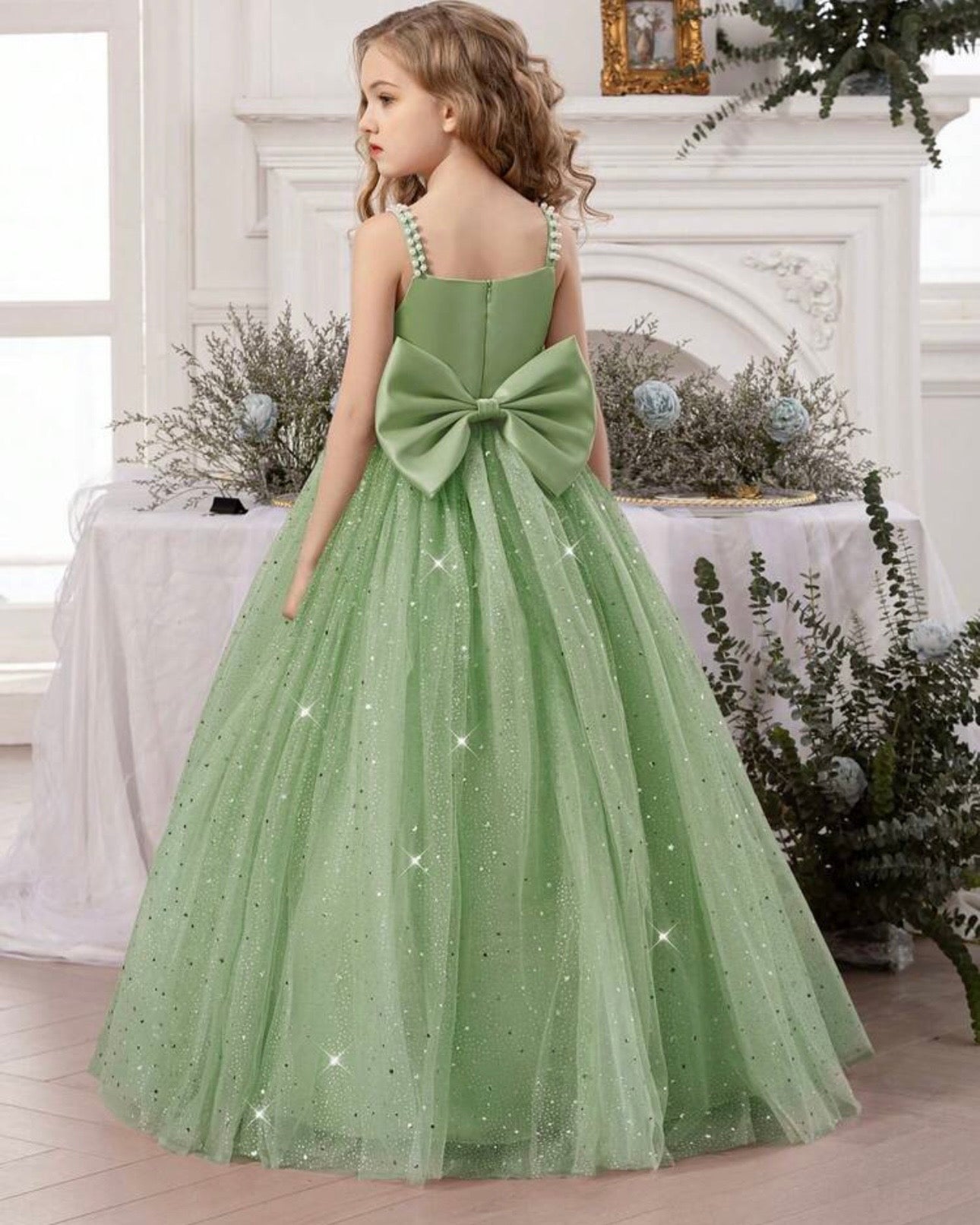 Girls Pearl Strap Star Mesh Bow Mint Green Princess Dress