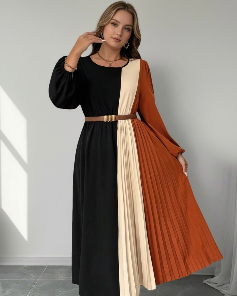 Women's Colorblock Round Neck Lantern Sleeve Pleated Hem Elegant Dress