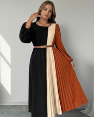 Women's Colorblock Round Neck Lantern Sleeve Pleated Hem Elegant Dress