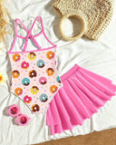 Girls Donuts Print One-Piece Swimsuit With Pink Skirt