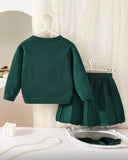 Girls’ Green Floral Jacquard Cardigan & Pleated Skirt Set