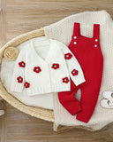 Newborn Baby Girl Red 3D Floral Pattern Knitted Cardigan And Romper