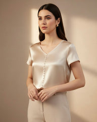 Women V-Neck Pearl Decor Satin Top – Elegant Short Sleeve Blouse