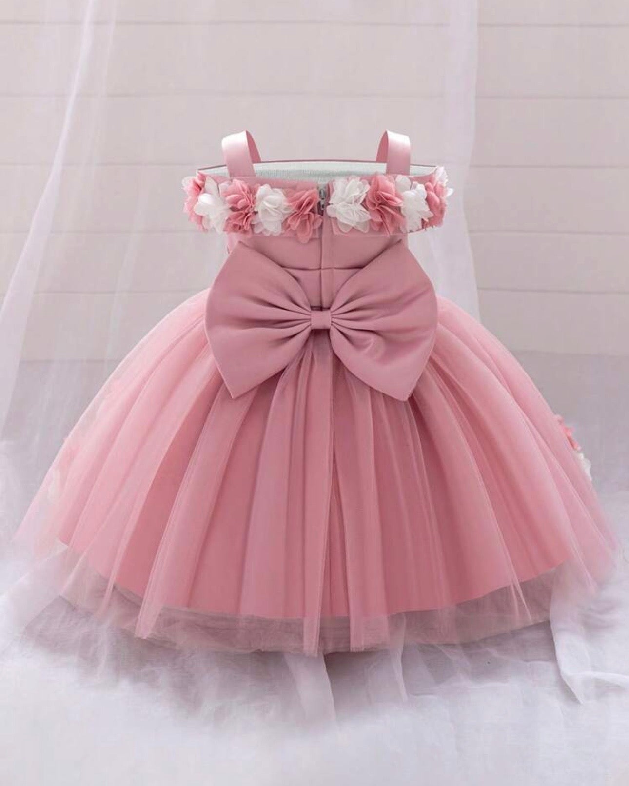 Baby Girls Dusty Pink Floral Tulle Princess Dress – Birthday Outfit