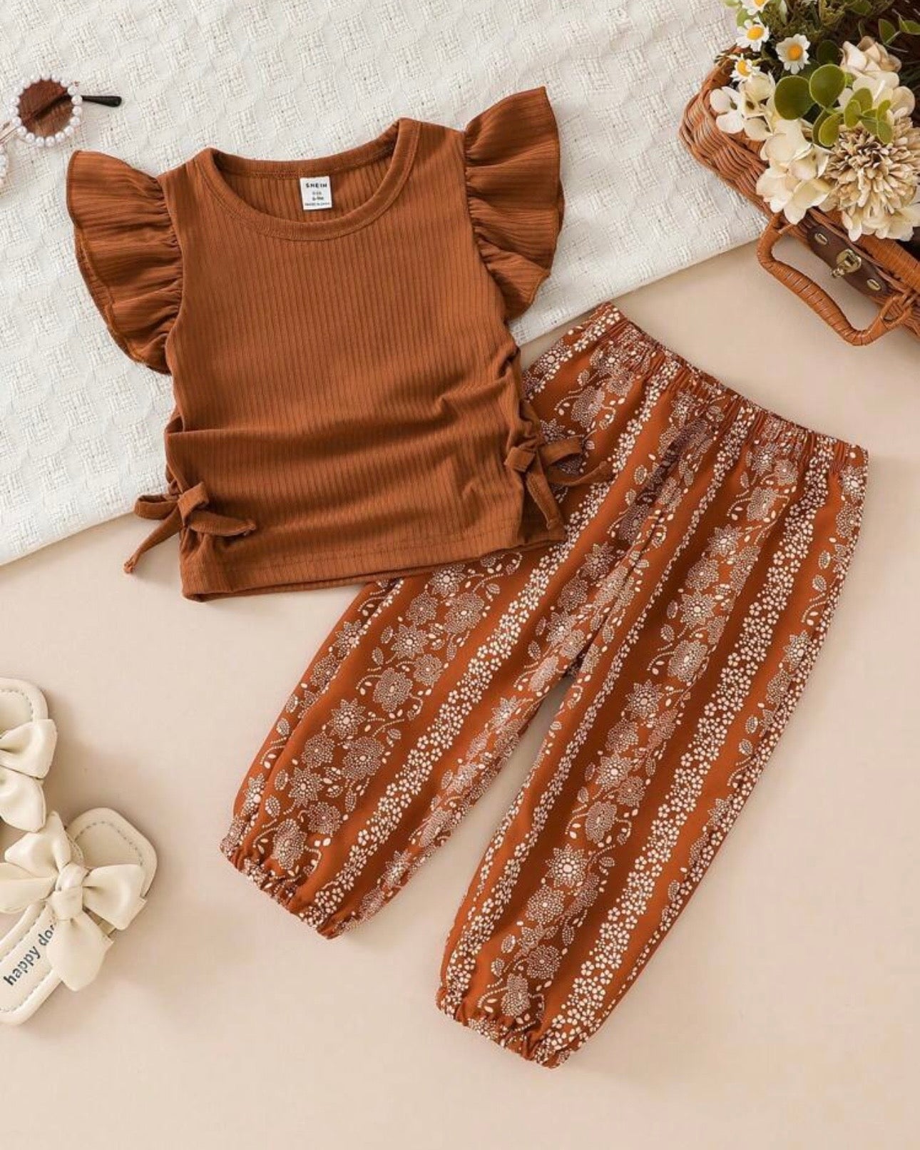 Baby Girls Brown Striped Ruffle Sleeve T-Shirt & Floral Pants Set