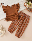 Baby Girls Brown Striped Ruffle Sleeve T-Shirt & Floral Pants Set