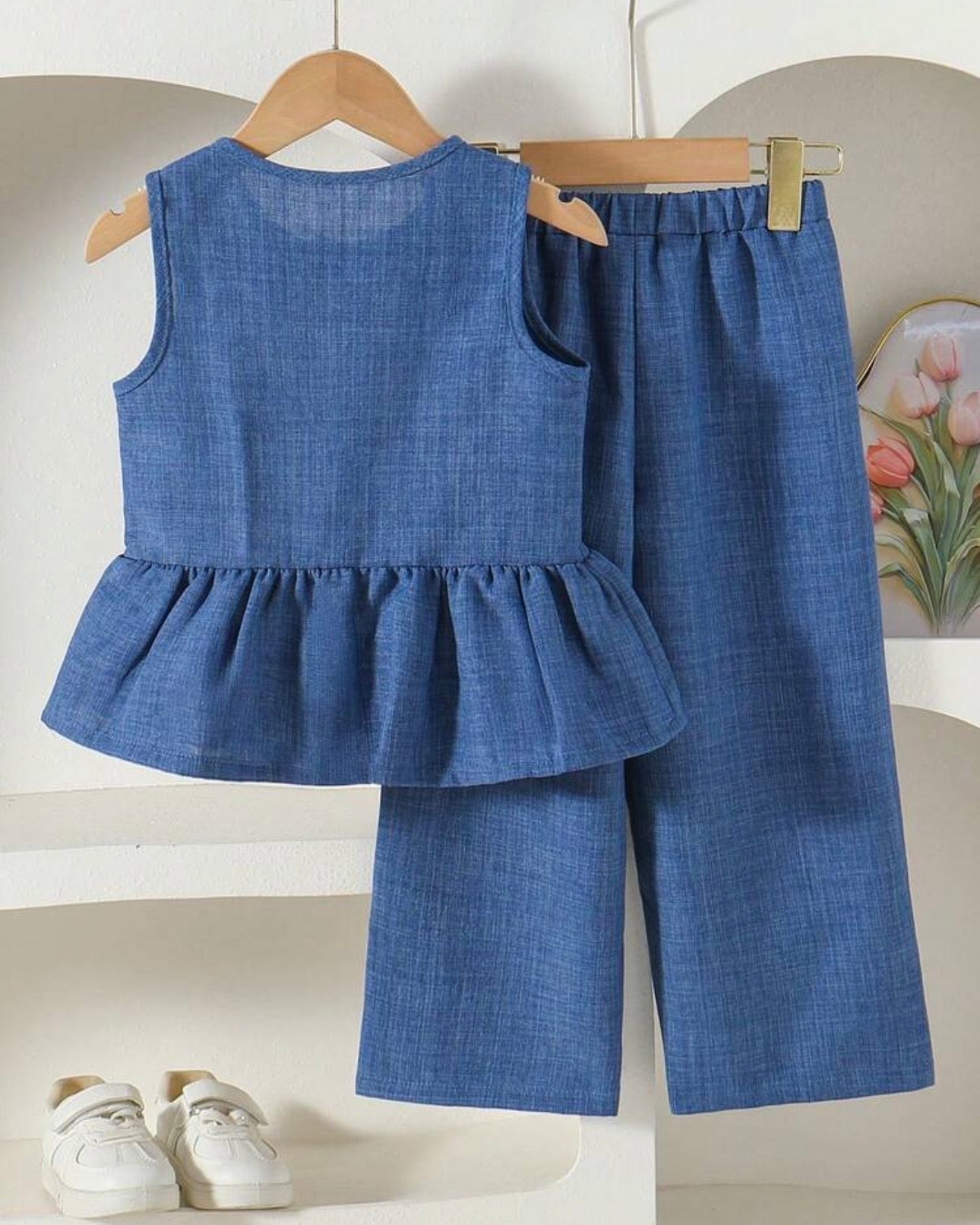 Girls Blue Ruffle Hem Cami & Solid Pants Set