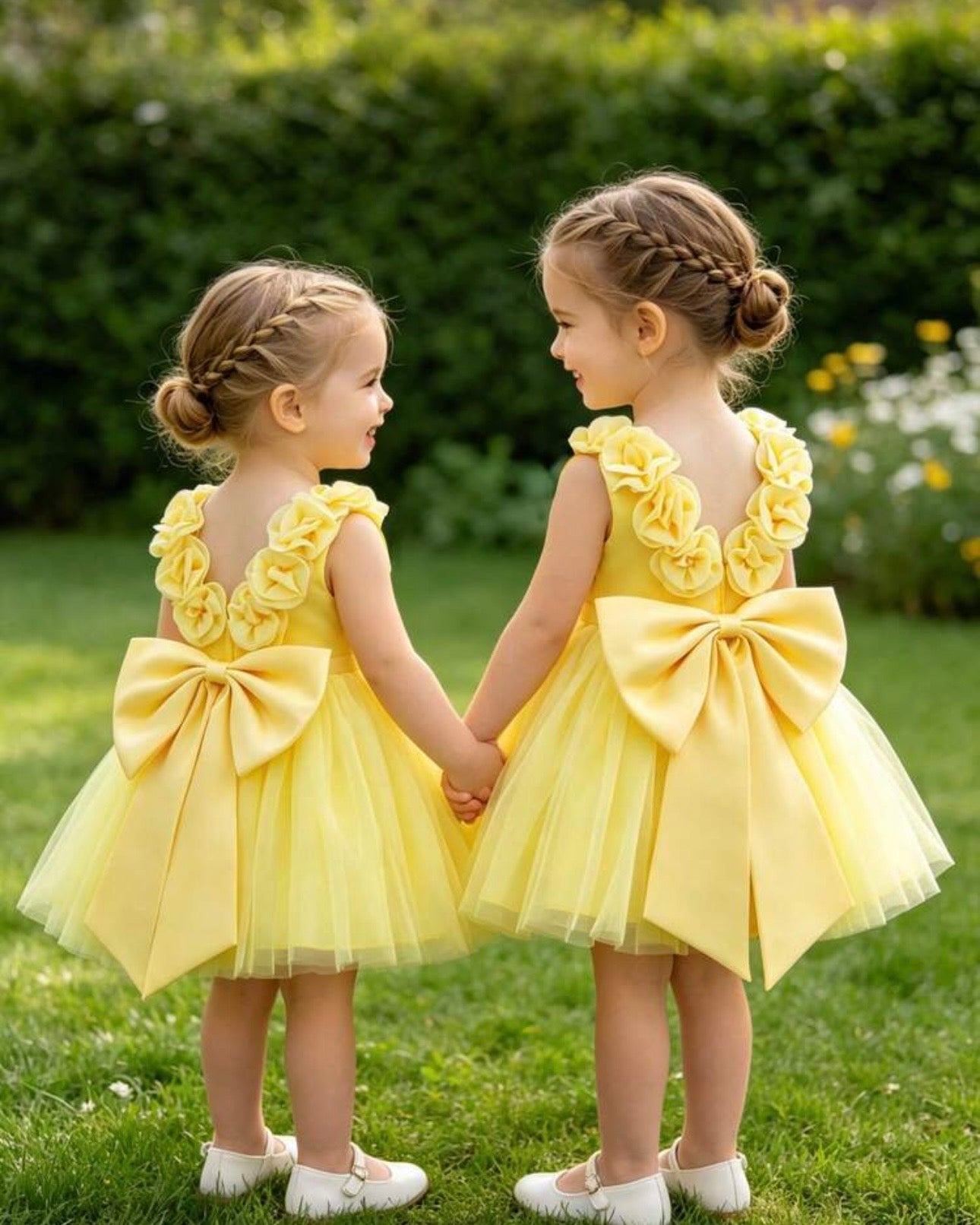 Baby Girls Yellow Satin & Mesh Princess Dress with 3D Flowers