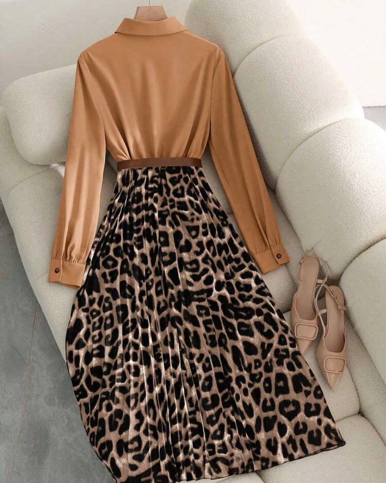 Women's Elegant Waist Cinched Slim Fit Leopard Print Pleated Flare Maxi Dress