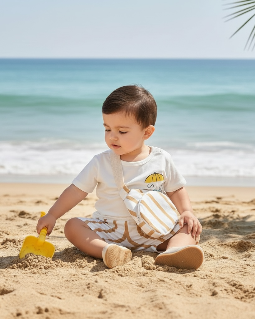 3-Piece Baby Boy Vacation Outfit Set – Graphic Tee, Striped Shorts & Crossbody Bag