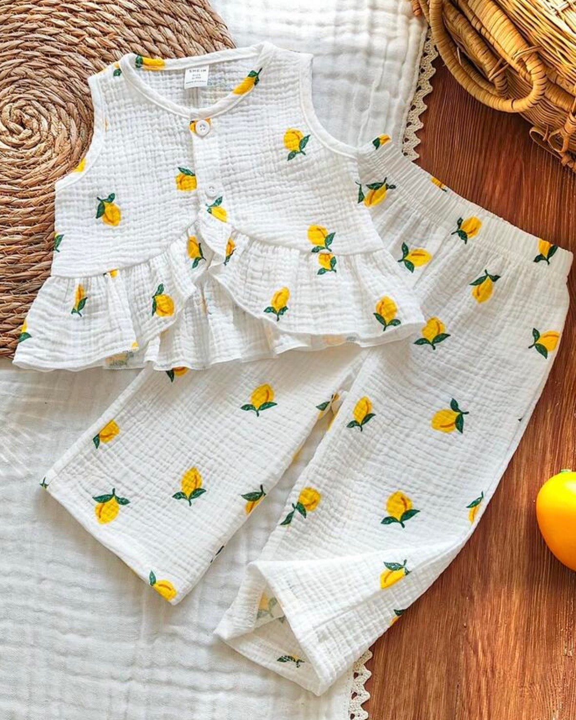 Baby Girls Lemon Print Camisole & Pants Set – Chiffon Ruffle Hem 2pcs Summer Outfit