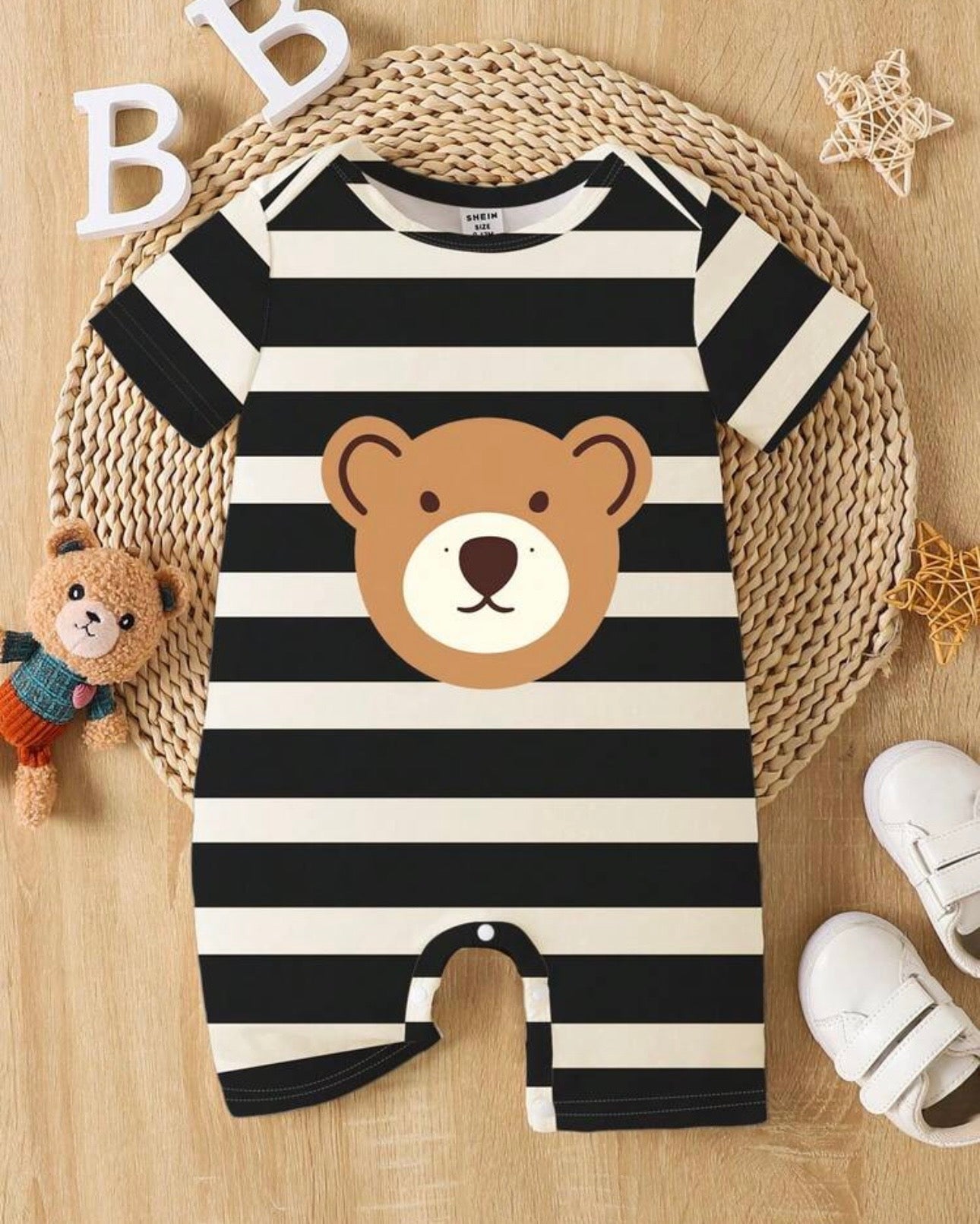 Baby Boy Striped Bear Print Short Sleeve Romper