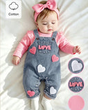 2pcs Newborn Baby Girl Sweet Pink Top + Denim Overall Set