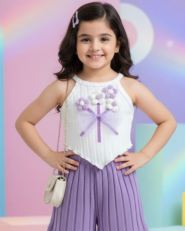 Lilac Crochet Flower Halter Top & Ribbed Shorts Set – 2PCS Summer Outfit
