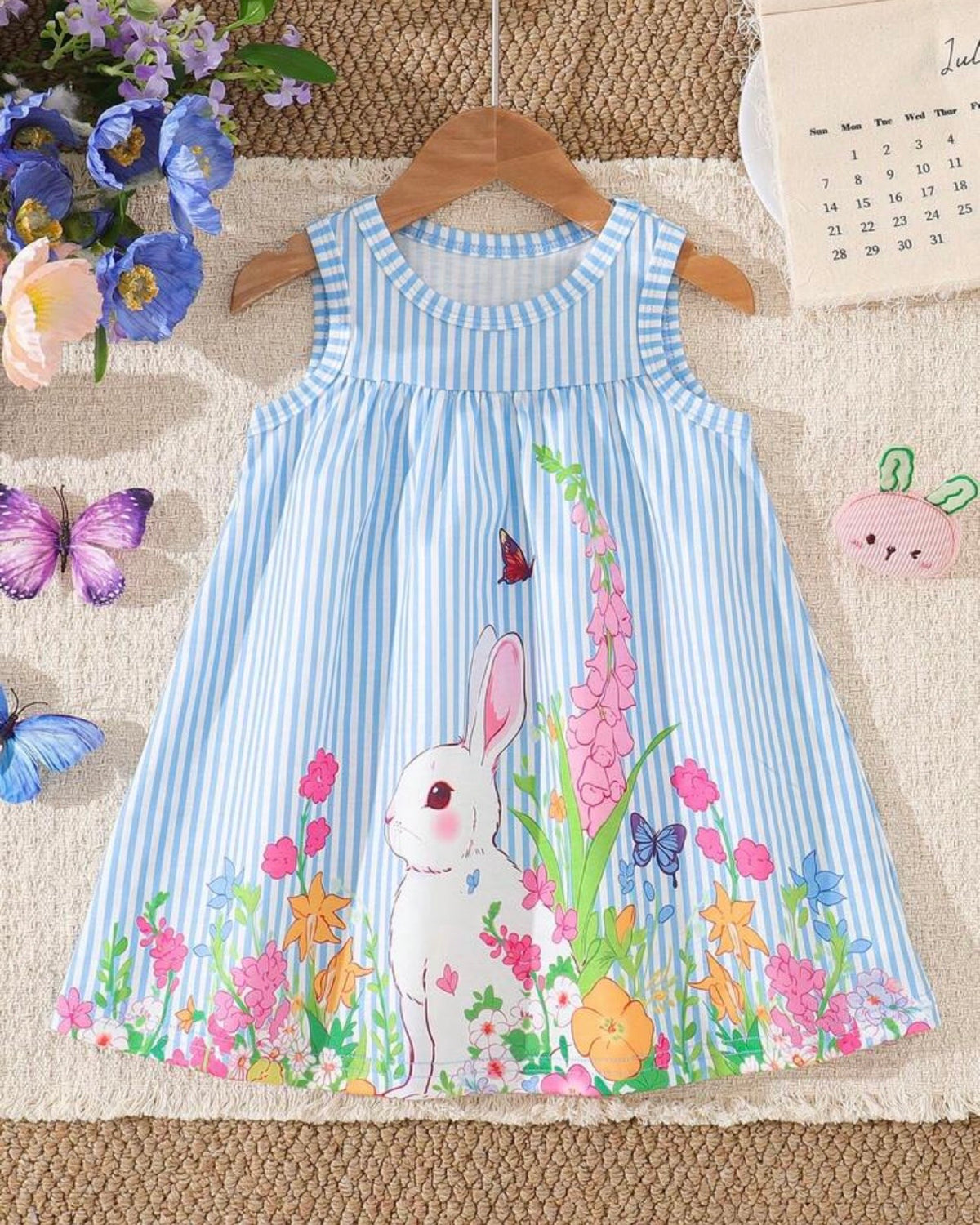 Baby Girl Blue Floral & Rabbit Print Suspender Dress