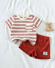 2pcs Knit Round Neck Short Sleeve T-Shirt And Red Shorts Set