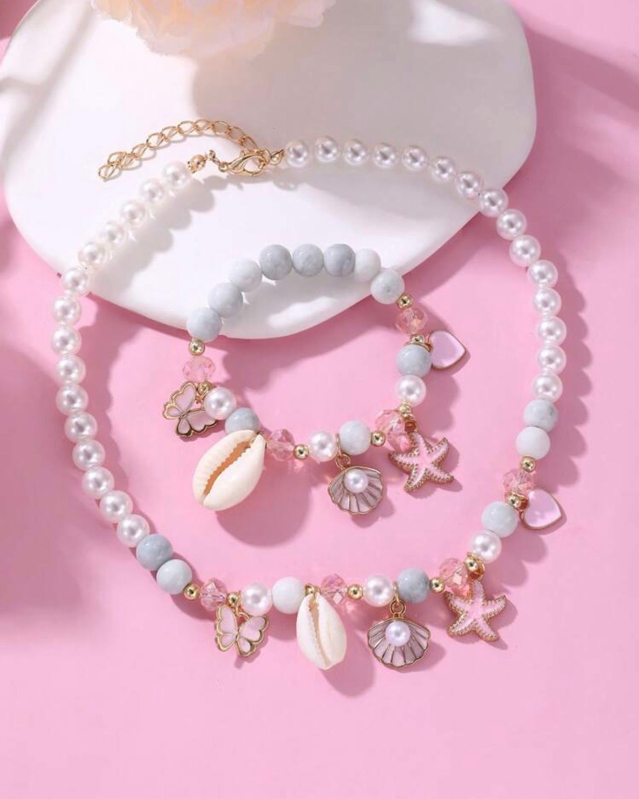 2PCS Starfish, Shell, Butterfly & Pearl Beaded Necklace and Bracelet Set