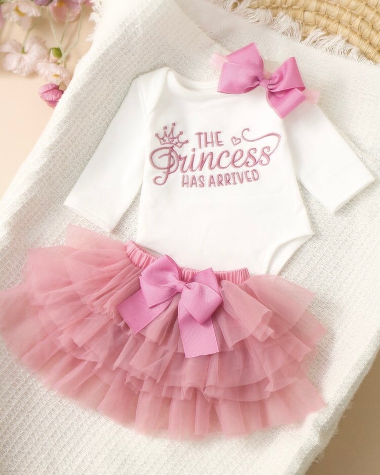 Newborn Baby Girl Romper with Dusty Pink Tutu Skirt & Bow Headband