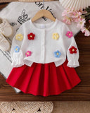 Baby Girl Floral Cardigan & Red Pleated Skirt Set