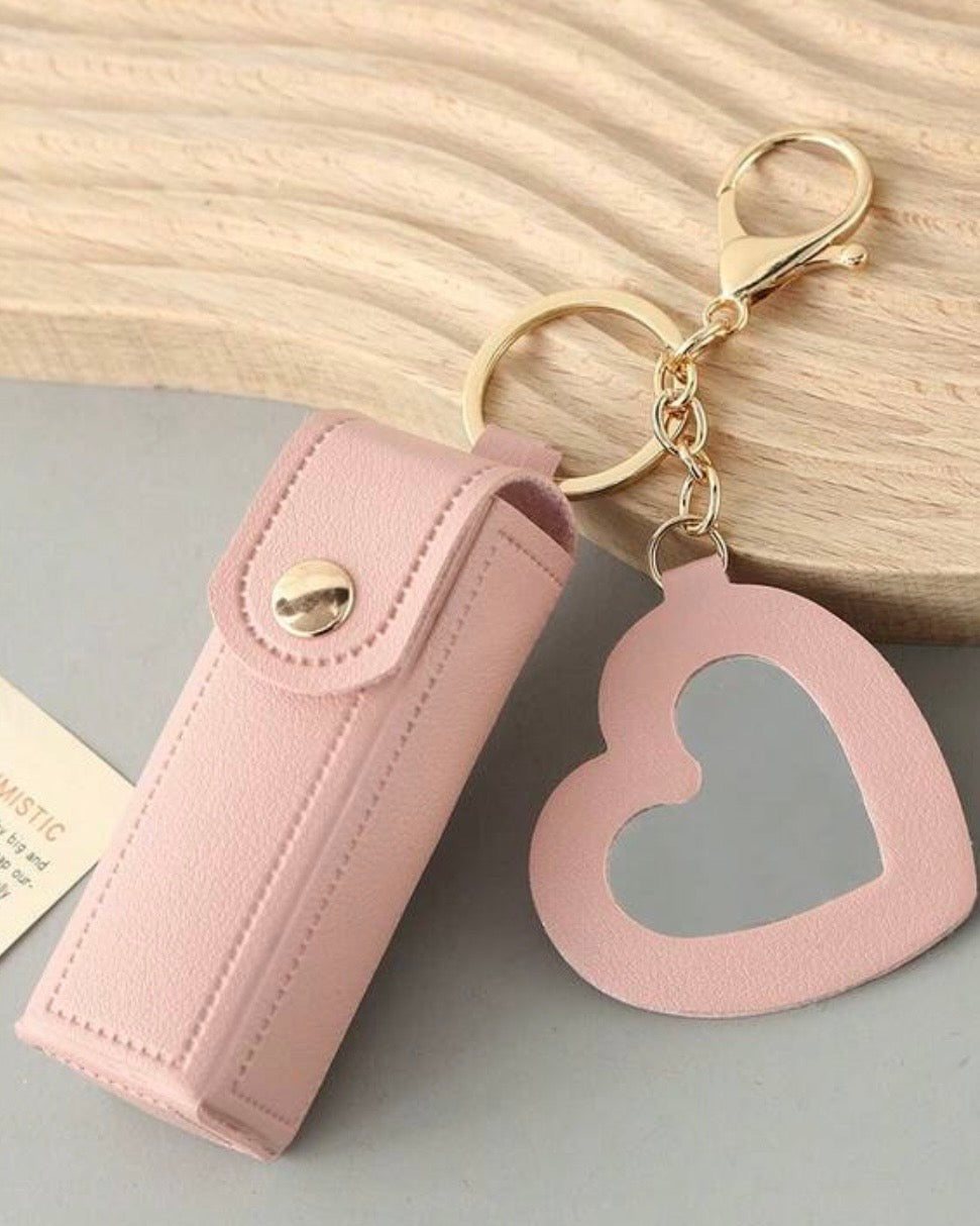 Leather Portable Mini Lipstick Case With Mirror & Keychain