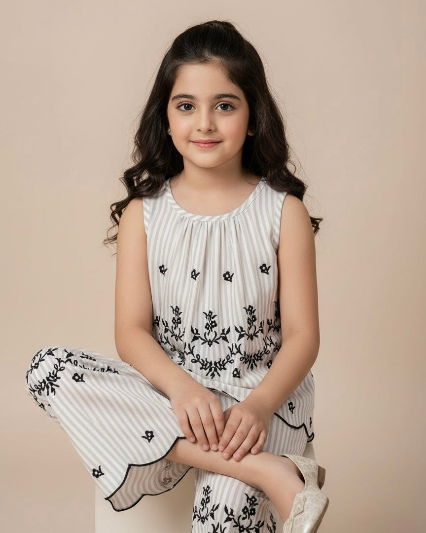 Girls Sleeveless Co-Ord Set – Printed Embroidered Hem Top & Wide-Leg Pants