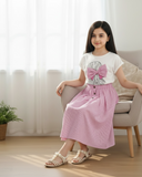 Girls Pink Bowknot Short Sleeve T-Shirt & Striped Maxi Skirt Set