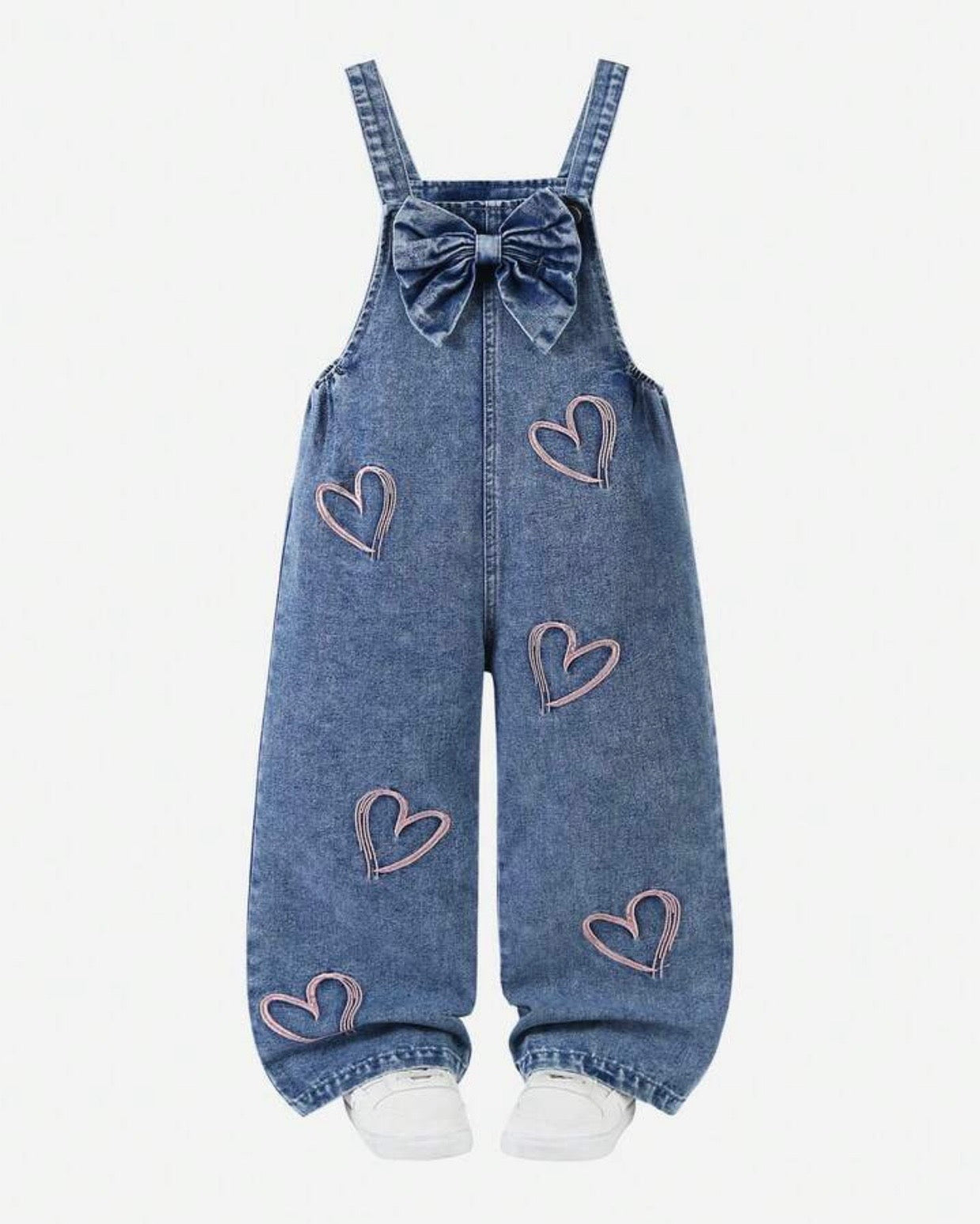 Girls Blue Denim Jumpsuit with Pink Hollow Heart Embroidery & Bow