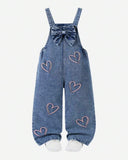 Girls Blue Denim Jumpsuit with Pink Hollow Heart Embroidery & Bow